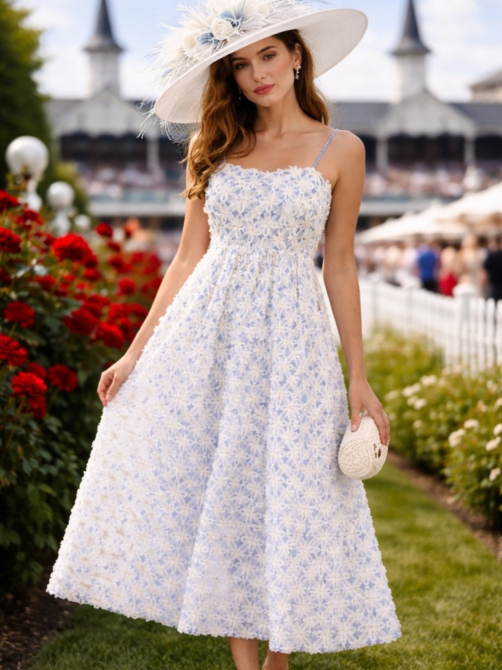 Anthropologie Light Blue and White Floral Midi Dress